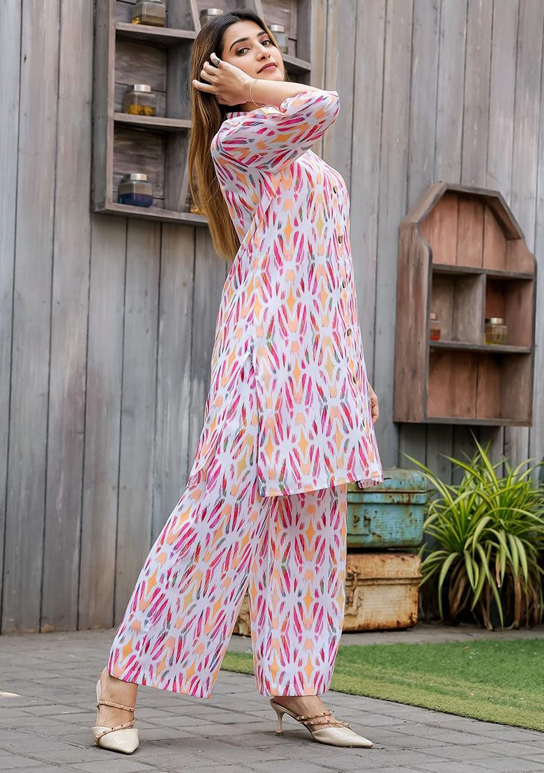White Digital Print Cotton Fusion Set