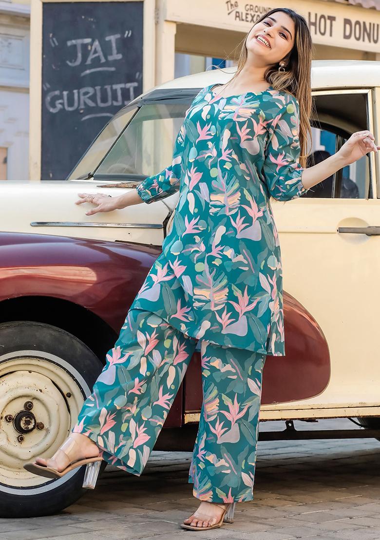 Blue Digital Print Cotton Fusion Set