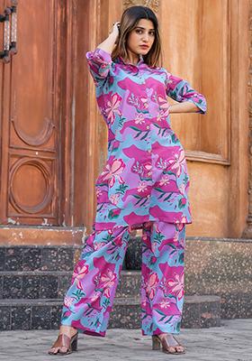 Sky Blue Digital Print Cotton Fusion Set