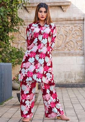 Maroon Floral Print Cotton Fusion Set