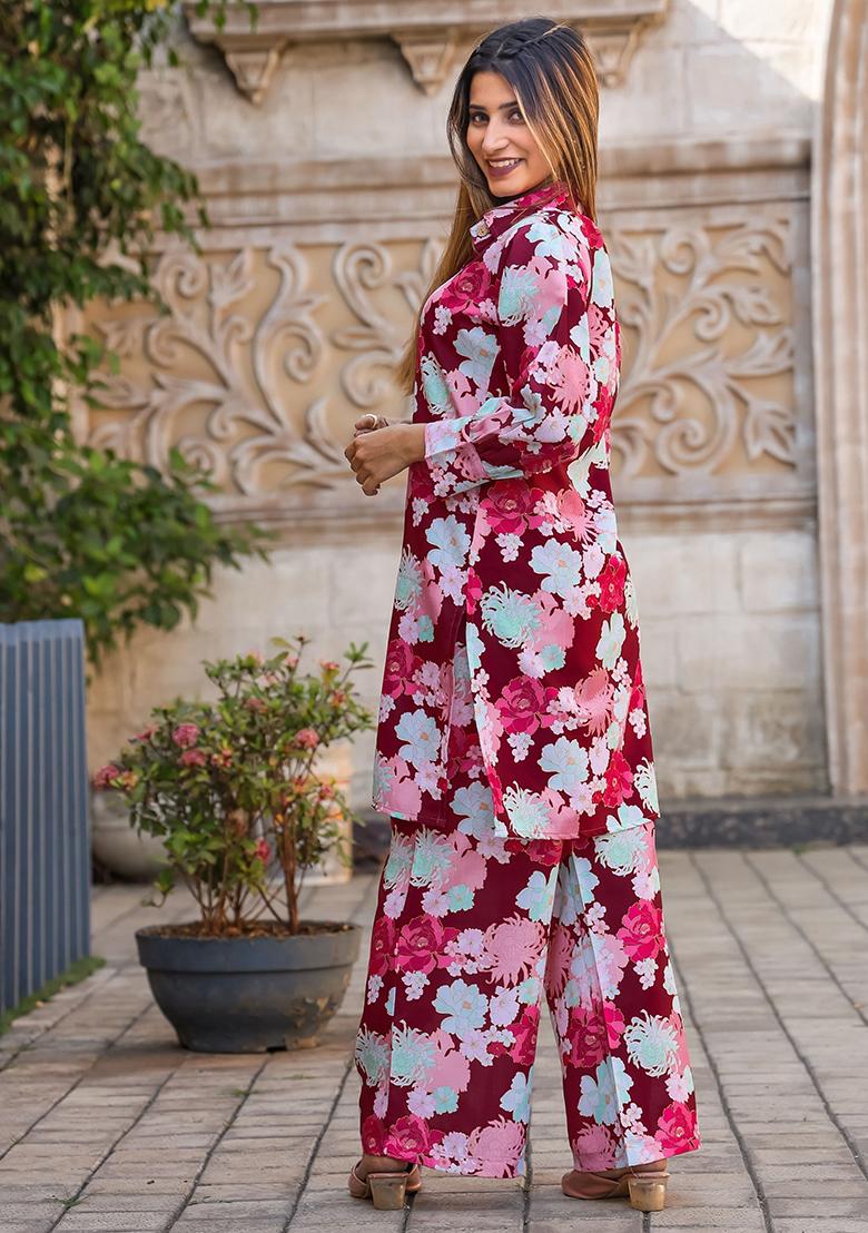 Maroon Floral Print Cotton Fusion Set