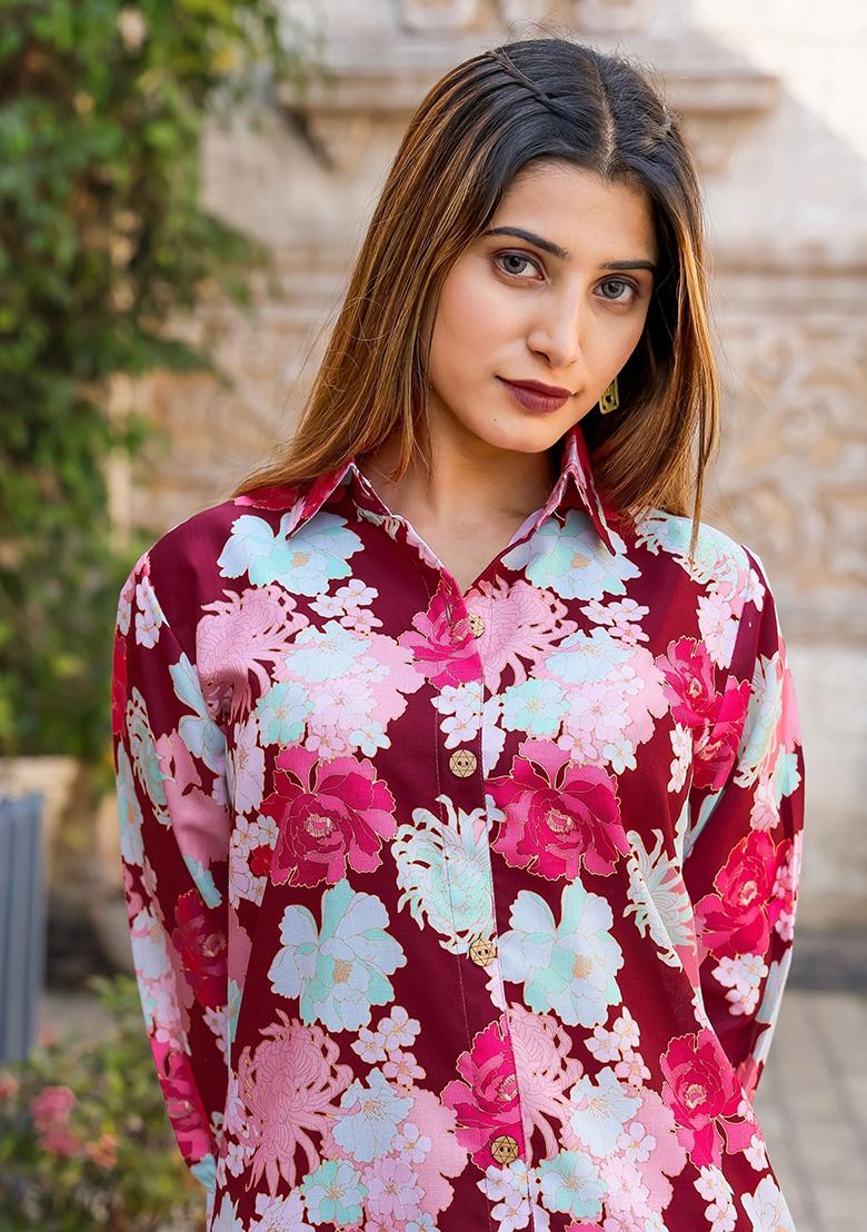 Maroon Floral Print Cotton Fusion Set