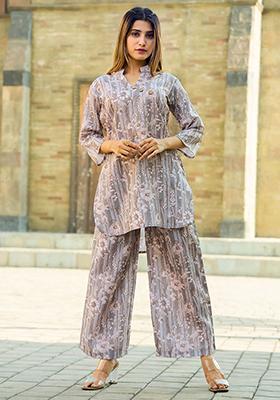 Grey Floral Print Cotton Fusion Set
