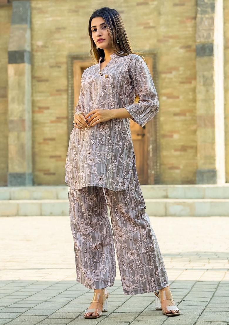 Grey Floral Print Cotton Fusion Set