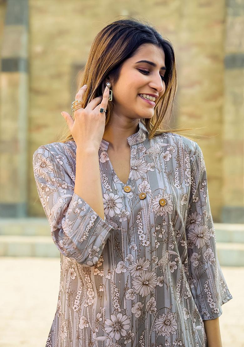 Grey Floral Print Cotton Fusion Set