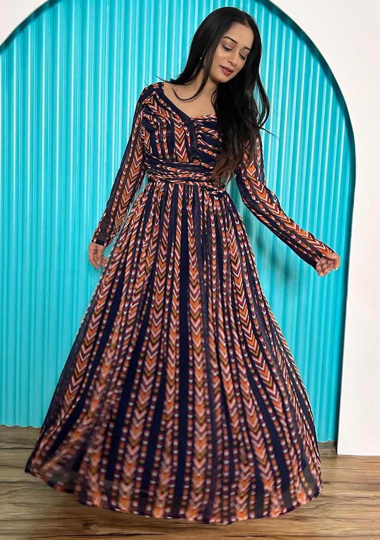 Navy Blue Digital Print Georgette Anarkali Set