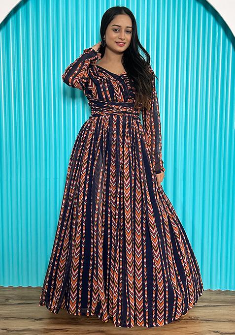 Navy Blue Digital Print Georgette Anarkali With Dupatta — view on Indya