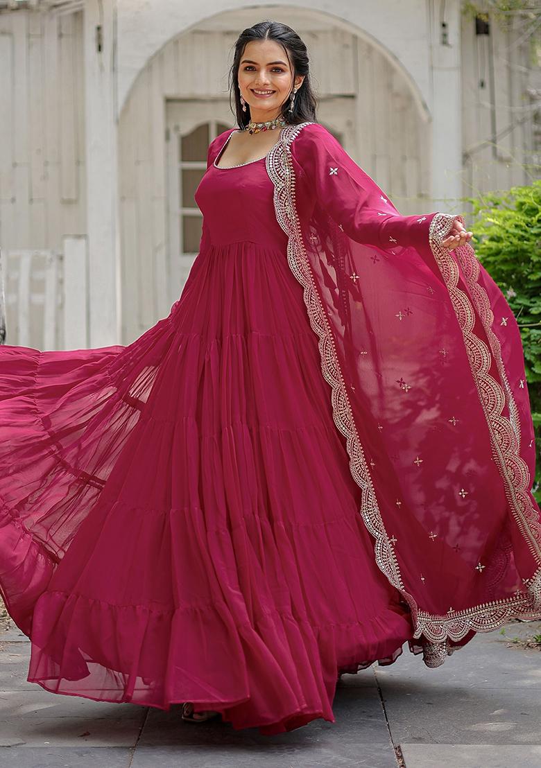 Pink Embroidered Georgette Anarkali Set