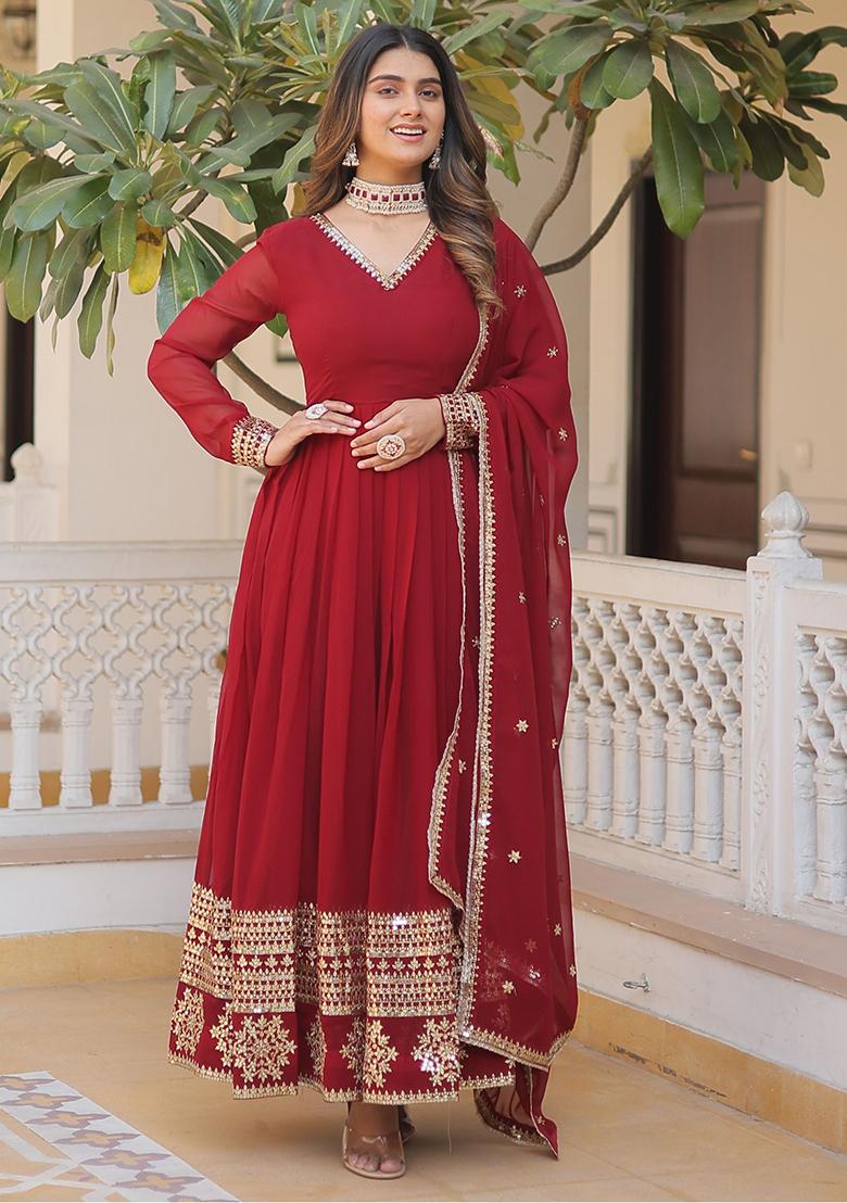Red Sequin Embroidered Georgette Anarkali Set