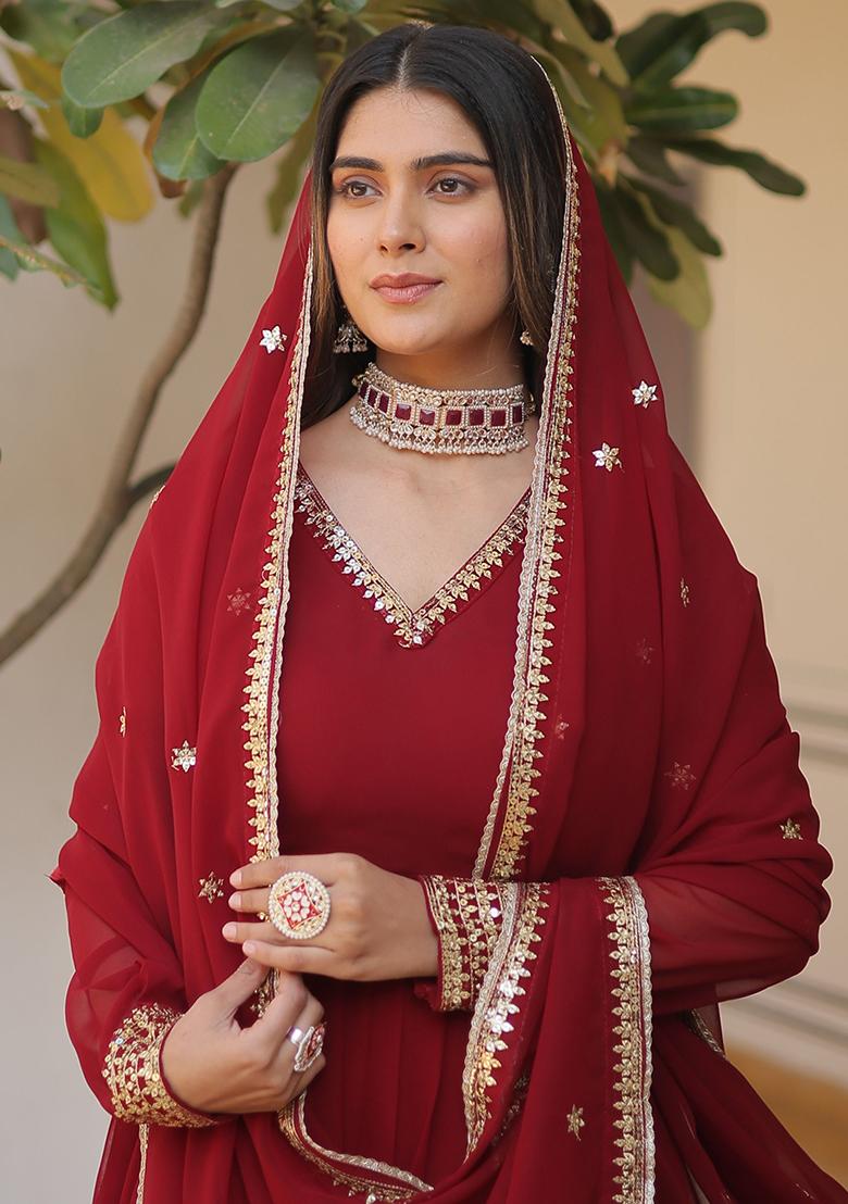 Red Sequin Embroidered Georgette Anarkali Set