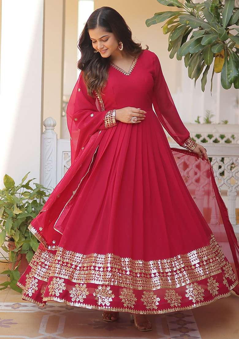 Pink Mirror Work Georgette Anarkali Set - Indya