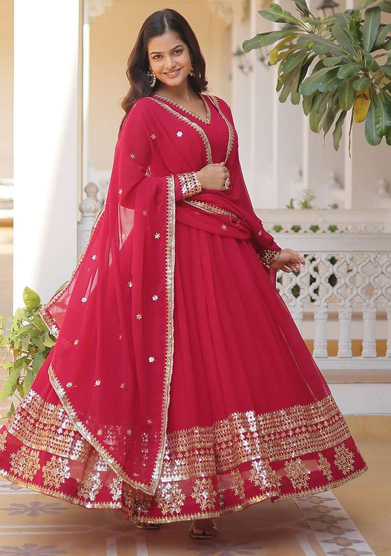 Pink Mirror Work Georgette Anarkali Set - Indya
