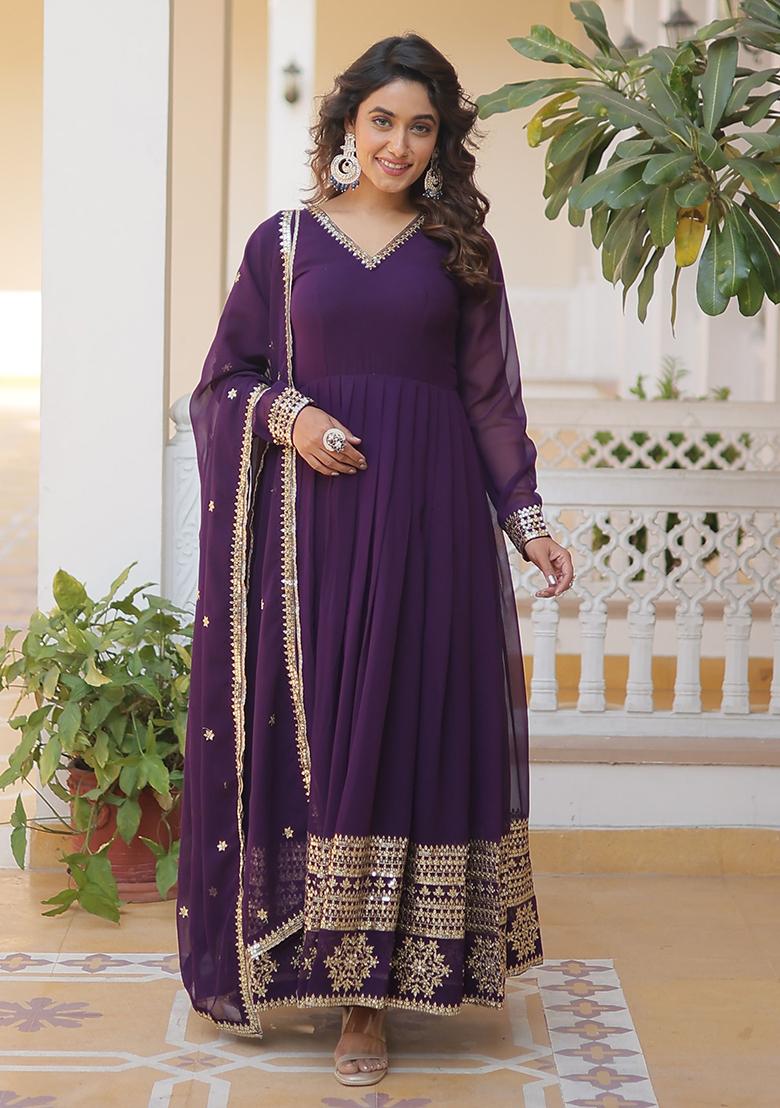 Purple Sequin Embroidered Georgette Anarkali Set