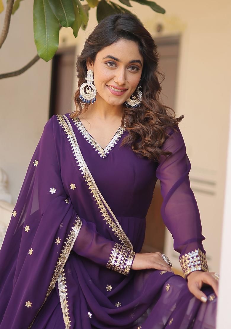 Purple Sequin Embroidered Georgette Anarkali Set