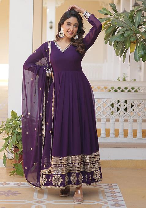Purple Sequin Embroidered Georgette Anarkali With Dupatta