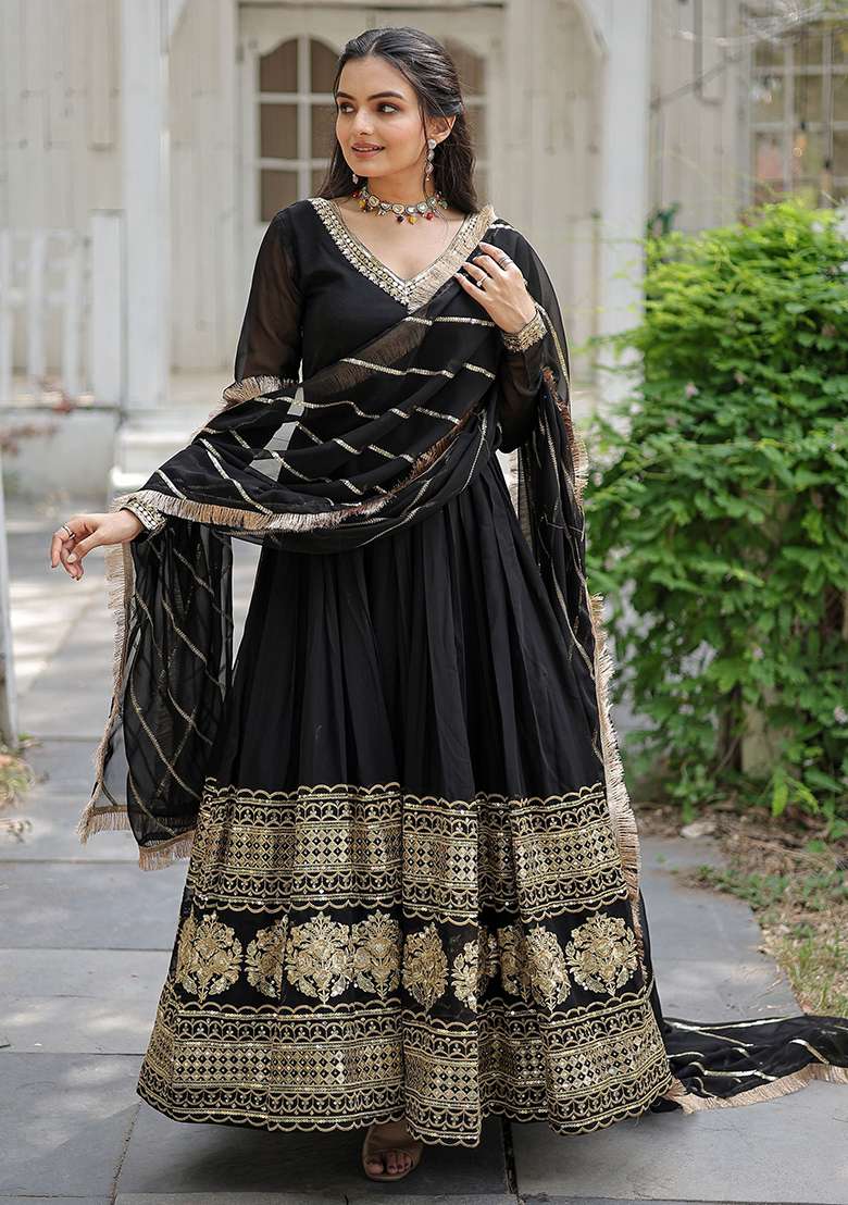 Black Sequin Embroidered Georgette Anarkali With Dupatta - Indya