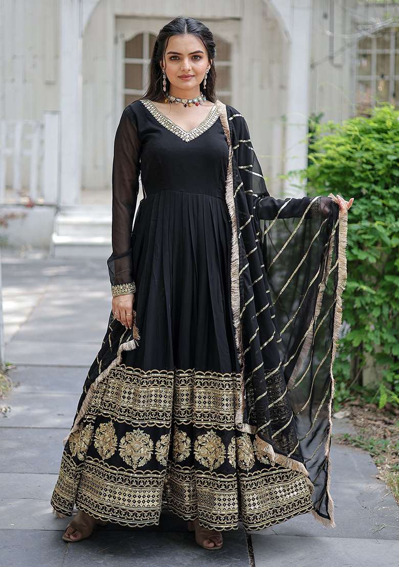 Black Sequin Embroidered Georgette Anarkali With Dupatta - Indya