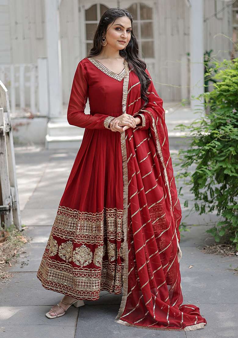 Maroon Sequin Embroidered Georgette Anarkali With Dupatta - Indya