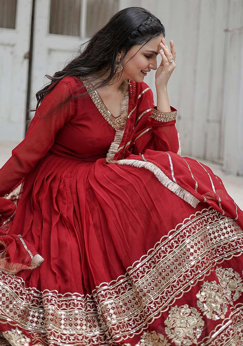 Maroon Sequin Embroidered Georgette Anarkali With Dupatta - Indya