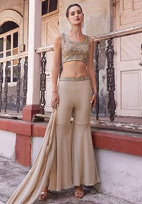 Beige Mirror Work Georgette Kurta Set