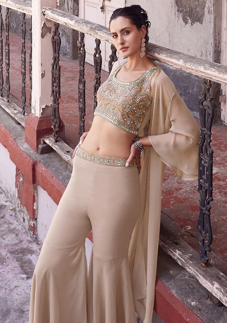 Beige Mirror Work Georgette Kurta Set