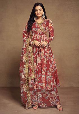 Red Floral Print Chiffon Kurta Set