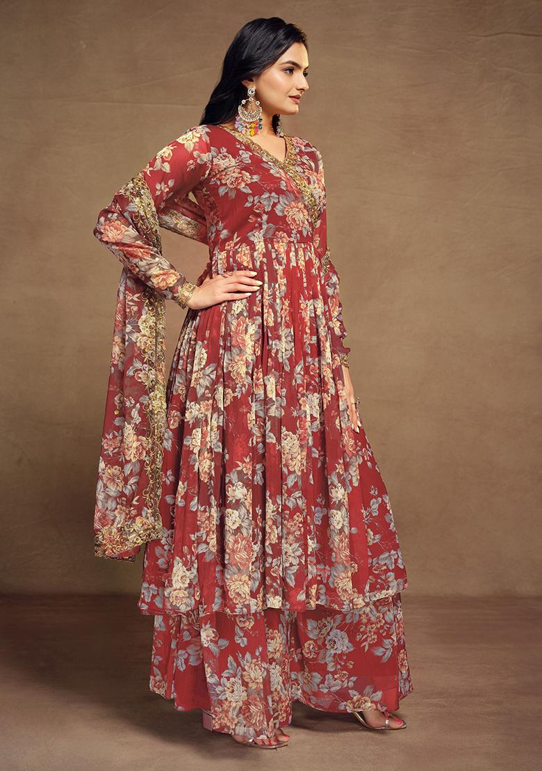 Red Floral Print Chiffon Kurta Set