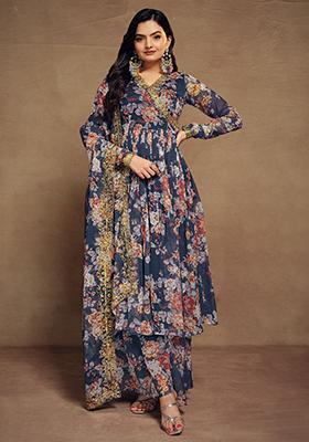 Blue Floral Print Chiffon Kurta Set