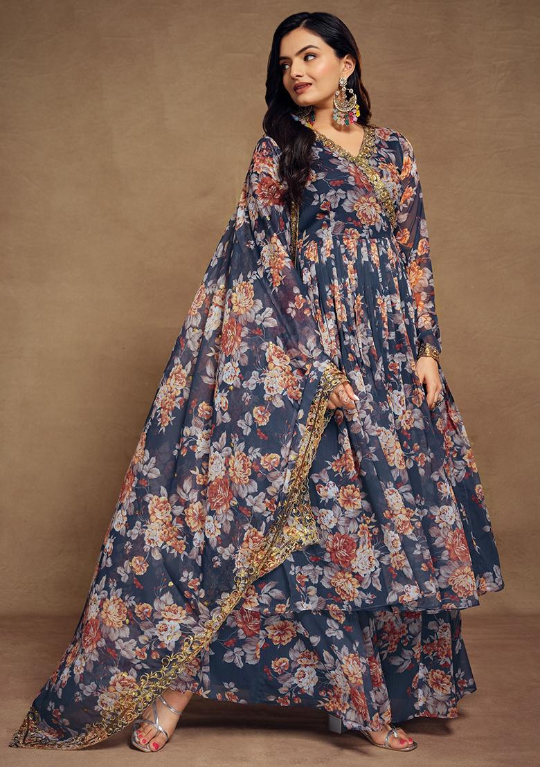 Blue Floral Print Chiffon Kurta Set