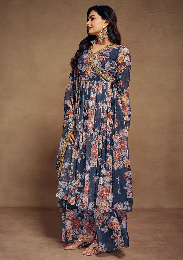 Blue Floral Print Chiffon Kurta Set