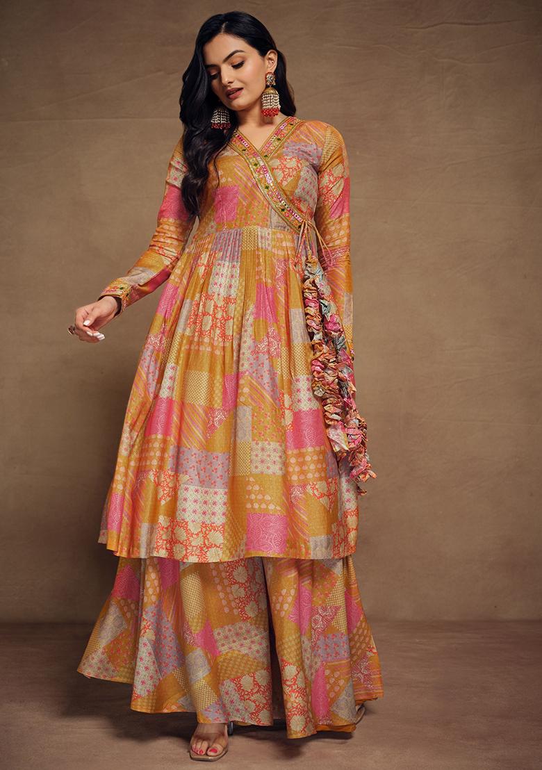 Yellow Digital Print Silk Kurta Set