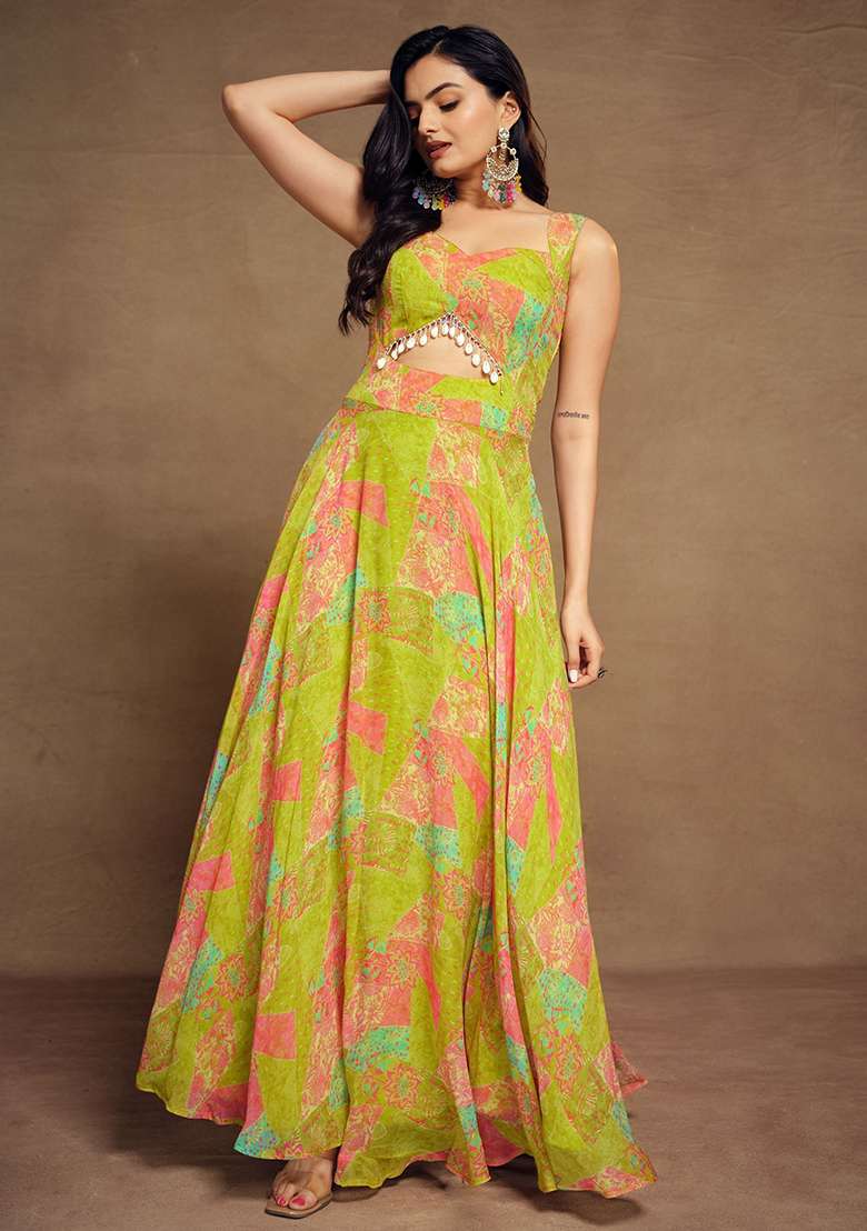 Green Printed Georgette Anarkali Set - Indya