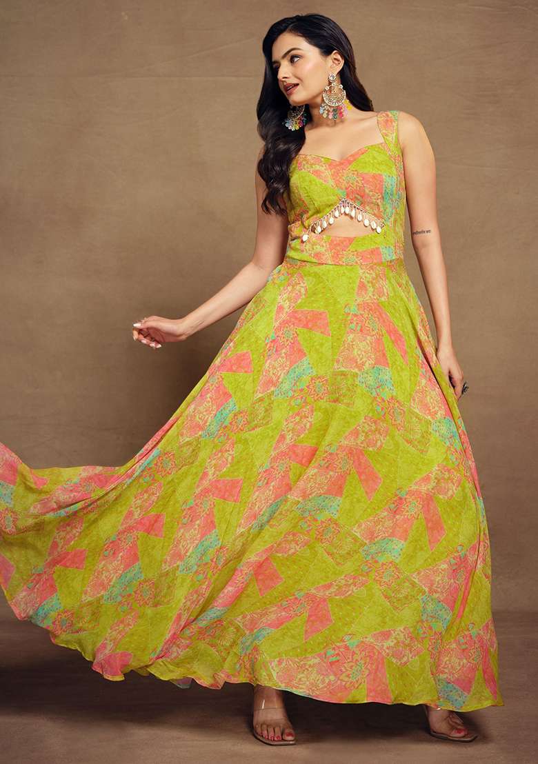 Green Printed Georgette Anarkali Set - Indya
