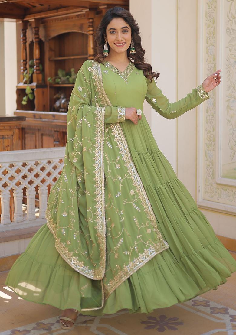 Green Embroidered Georgette Anarkali Set
