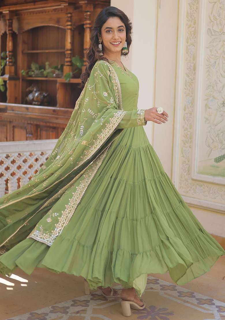 Green Embroidered Georgette Anarkali With Dupatta - Indya