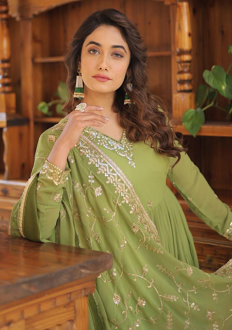 Green Embroidered Georgette Anarkali Set