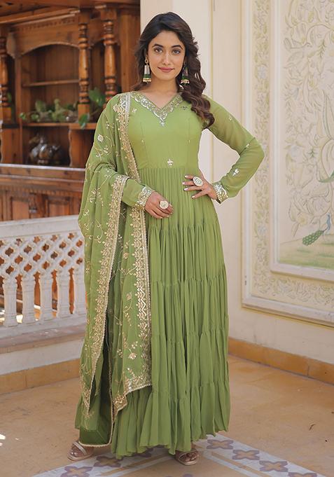 Green Embroidered Georgette Anarkali With Dupatta — view on Indya