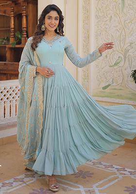 Sky Blue Embroidered Georgette Anarkali Set