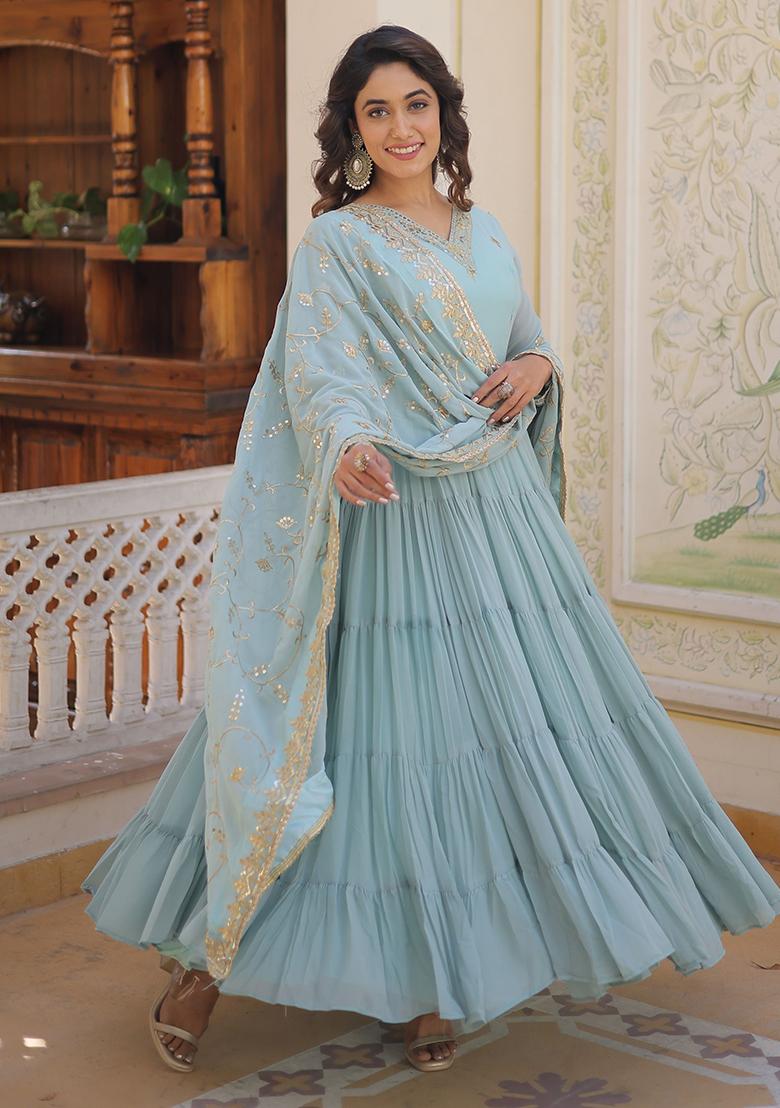 Sky Blue Embroidered Georgette Anarkali Set