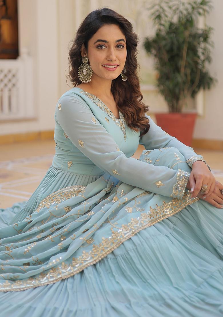 Sky Blue Embroidered Georgette Anarkali Set