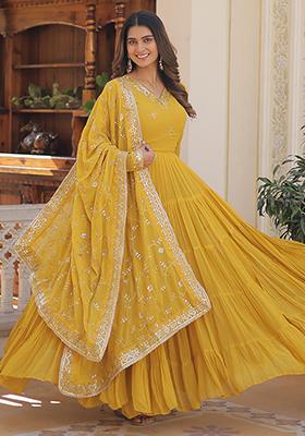 Yellow Embroidered Georgette Anarkali Set