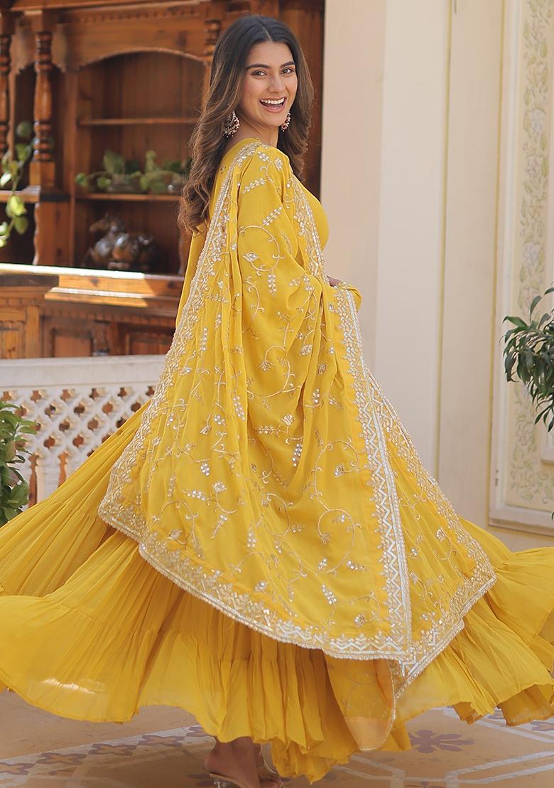 Yellow Embroidered Georgette Anarkali Set