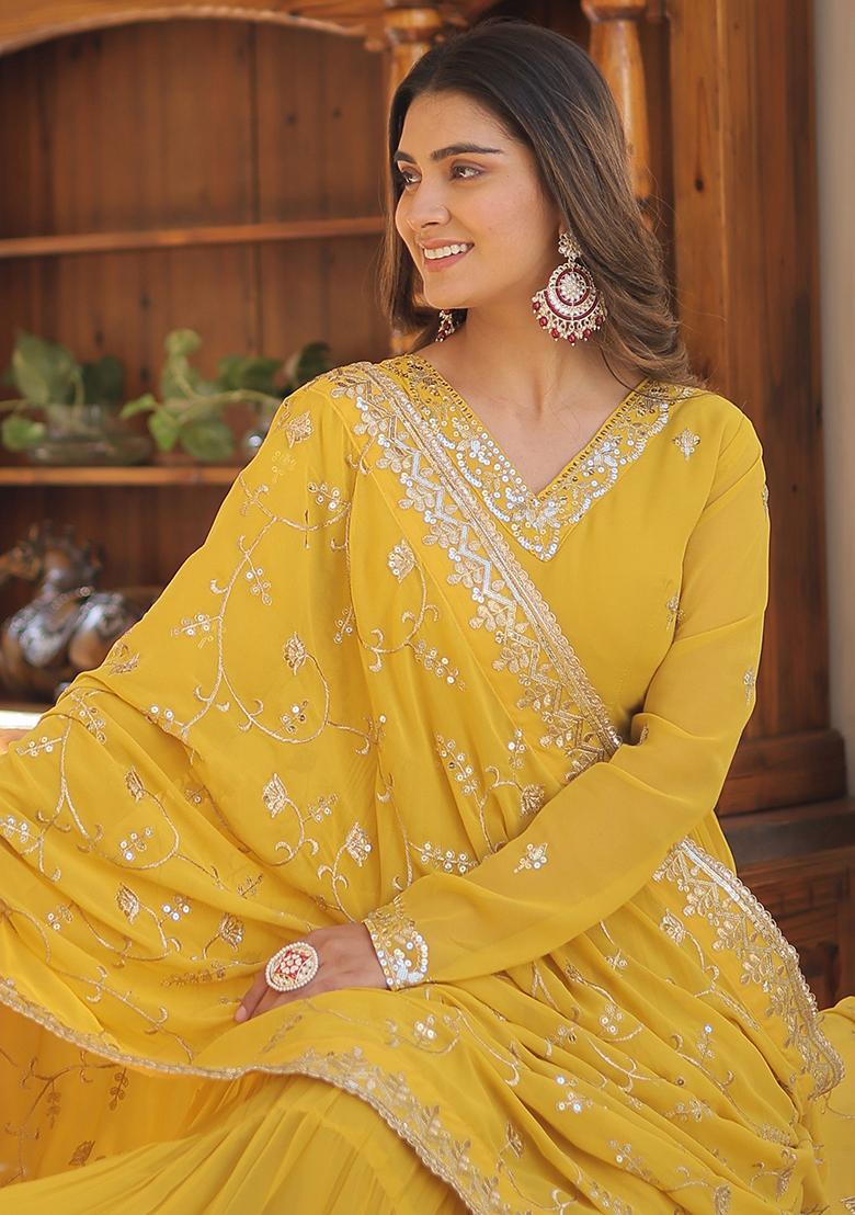 Yellow Embroidered Georgette Anarkali Set
