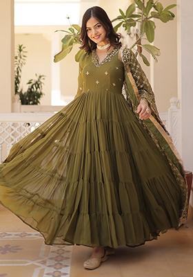 Green Embroidered Georgette Anarkali Set