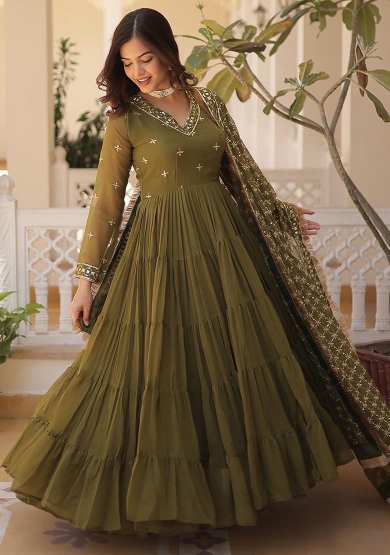 Green Embroidered Georgette Anarkali Set