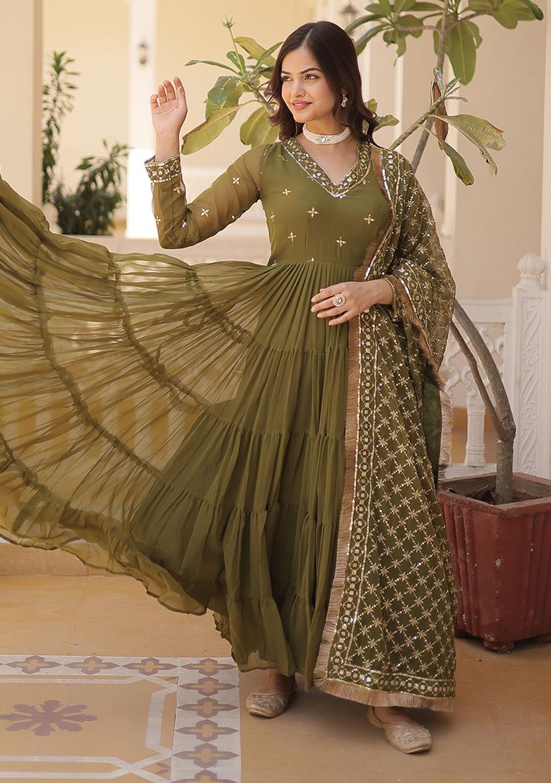 Green Embroidered Georgette Anarkali Set