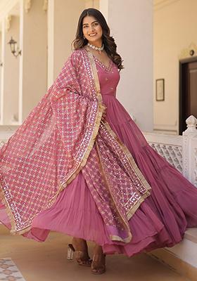 Pink Embroidered Georgette Anarkali Set