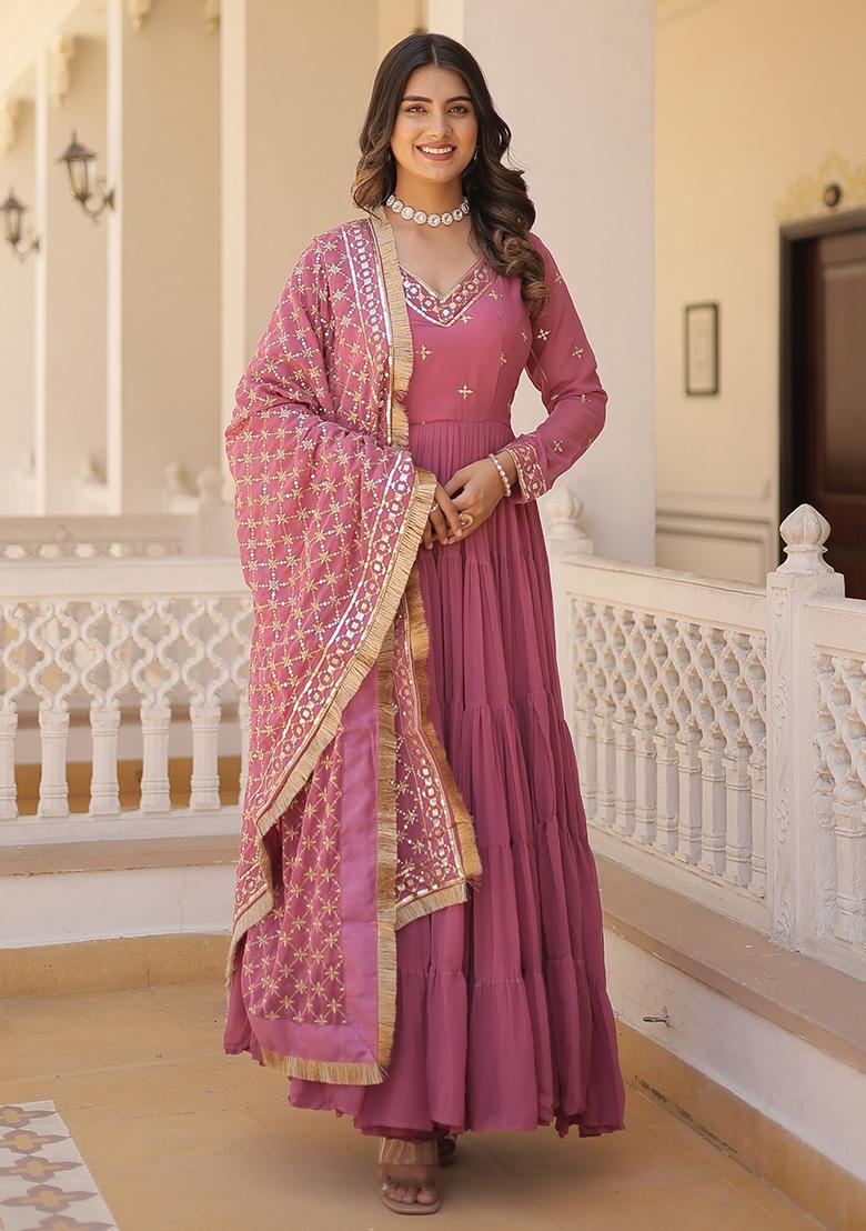 Pink Embroidered Georgette Anarkali Set