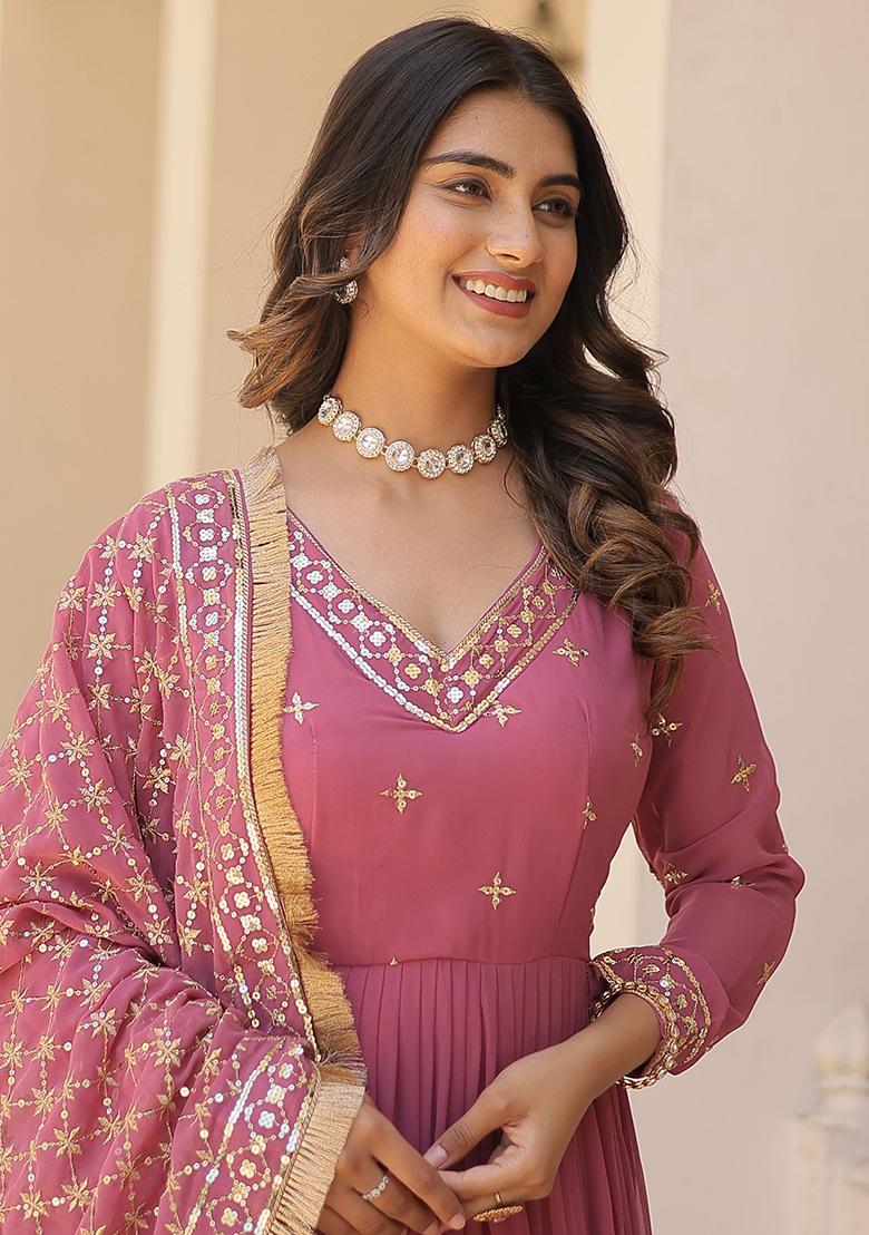 Pink Embroidered Georgette Anarkali Set