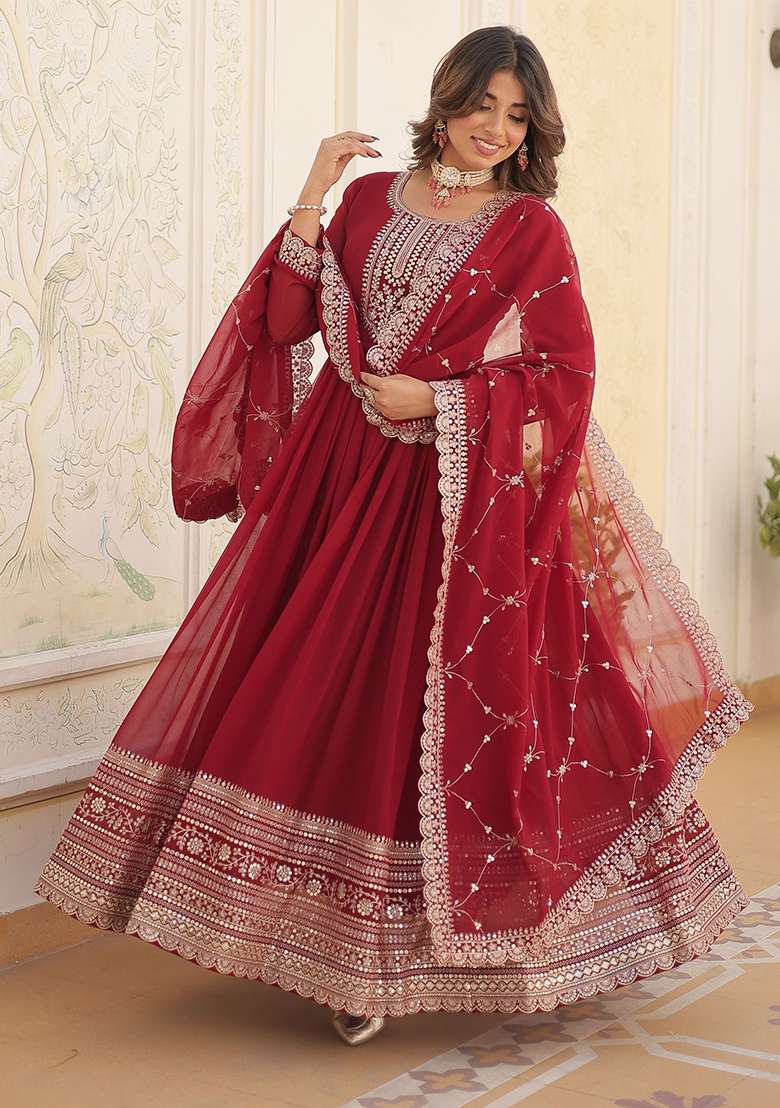 Maroon Sequin Embroidered Georgette Anarkali With Dupatta - Indya